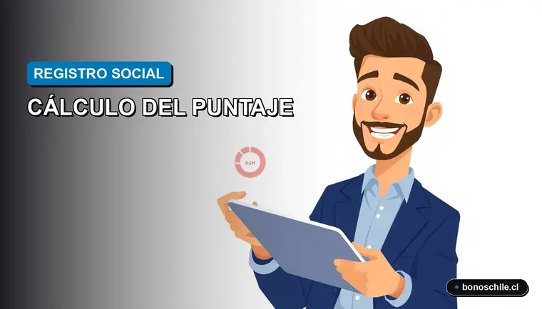 Ilustración vectorial plana de un trabajador joven revisando el cálculo de su tramo del Registro Social de Hogares en una tablet digital, con fondo degradado.