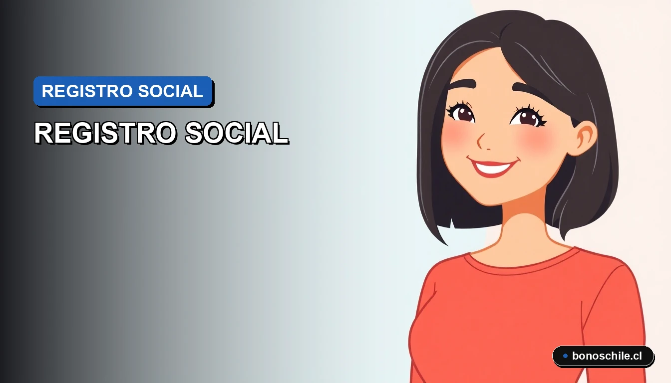 Ilustración vectorial plana de una mujer chilena joven sonriendo, con fondo degradado azul, representando la actualización del Registro Social de Hogares.