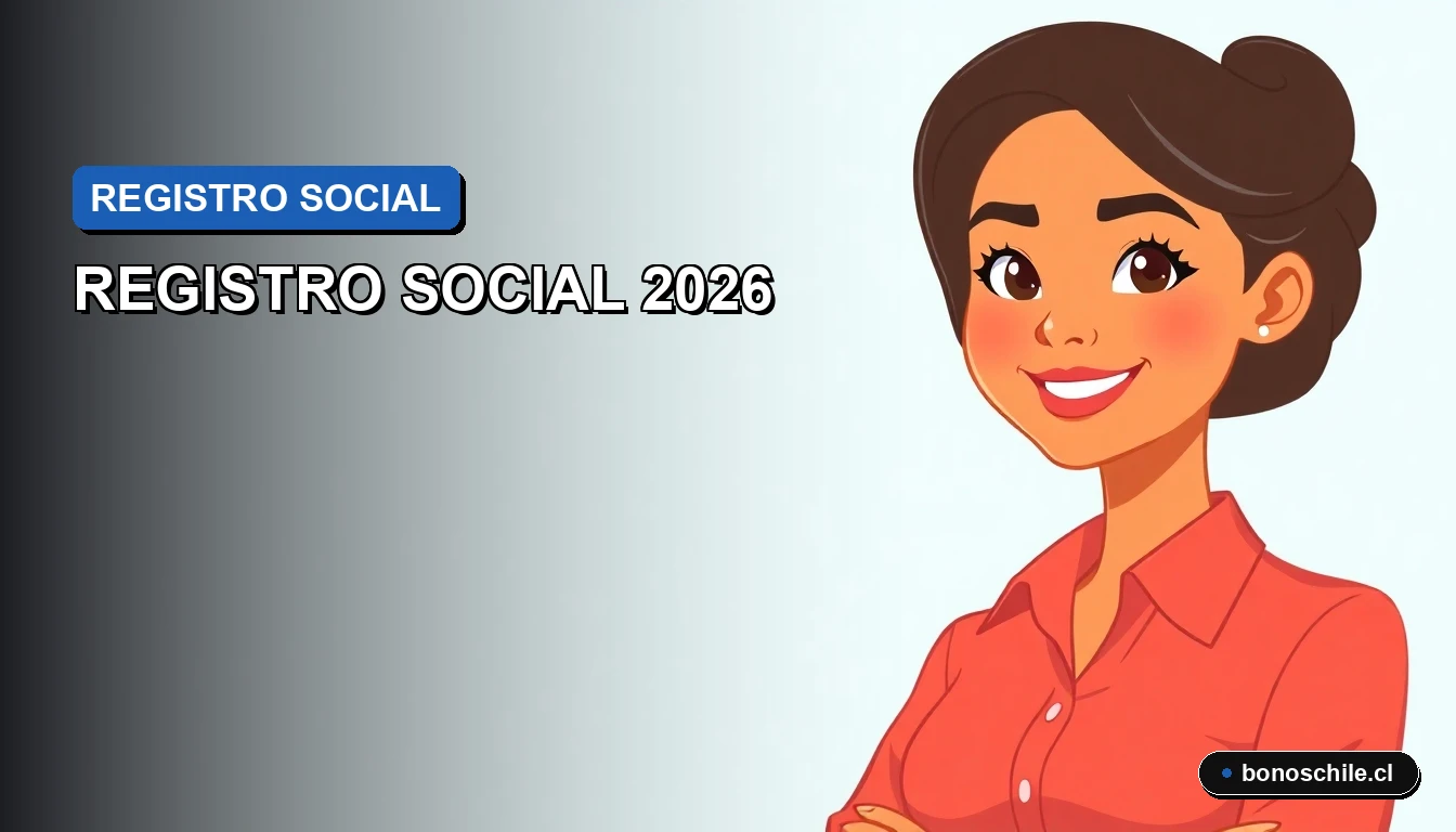 Ilustración vectorial plana premium sobre la actualización del Registro Social de Hogares en Chile, con requisitos y pasos para 2026.