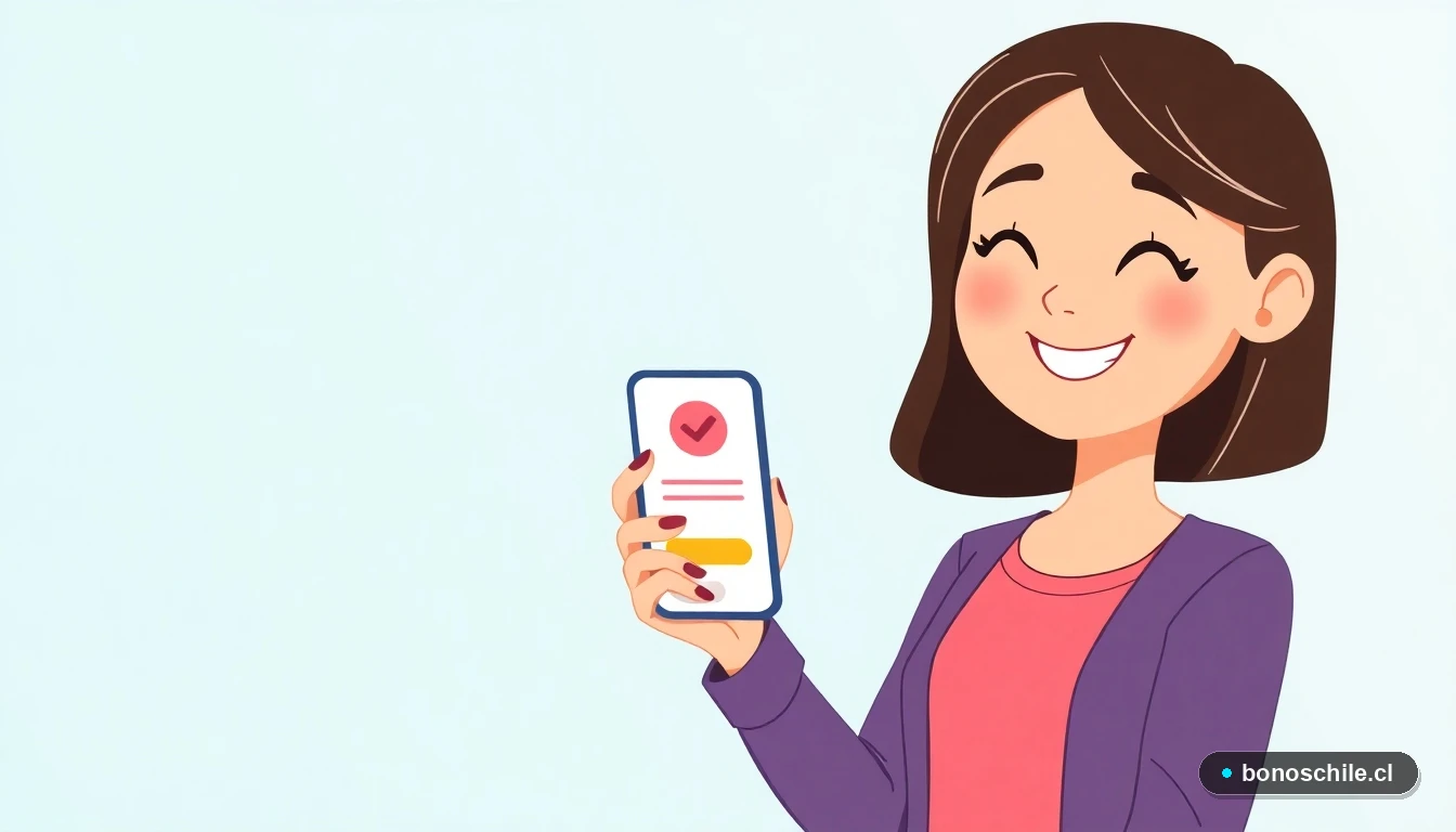 Ilustración de una madre joven consultando los tramos de la Asignación Familiar en su teléfono.