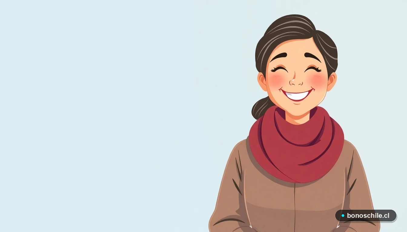 Ilustración de una mujer chilena consultando el Bono Invierno en su teléfono, con expresión aliviada.