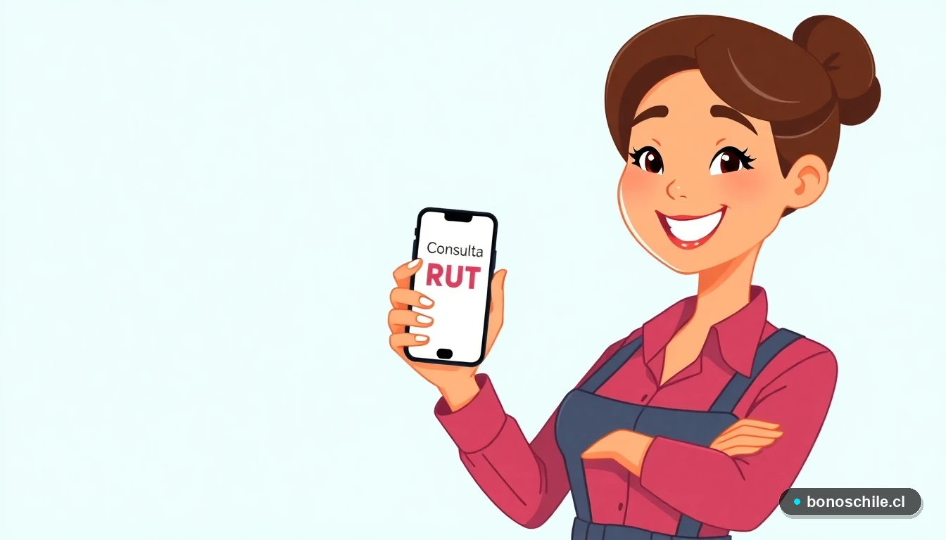 Ilustración de mujer joven consultando bonos pendientes con su RUT en un teléfono, estilo vectorial plano.