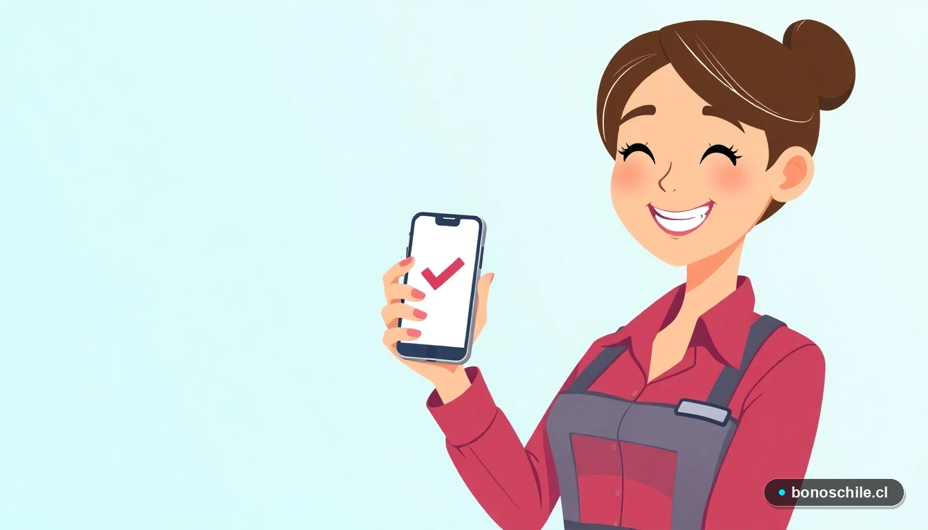 Ilustración de una joven consultando en su celular si le corresponde el Bono Invierno.