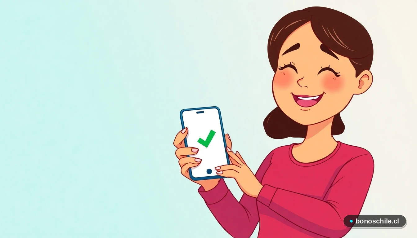 Ilustración de una mujer revisando con alivio los bonos pendientes en su teléfono móvil.