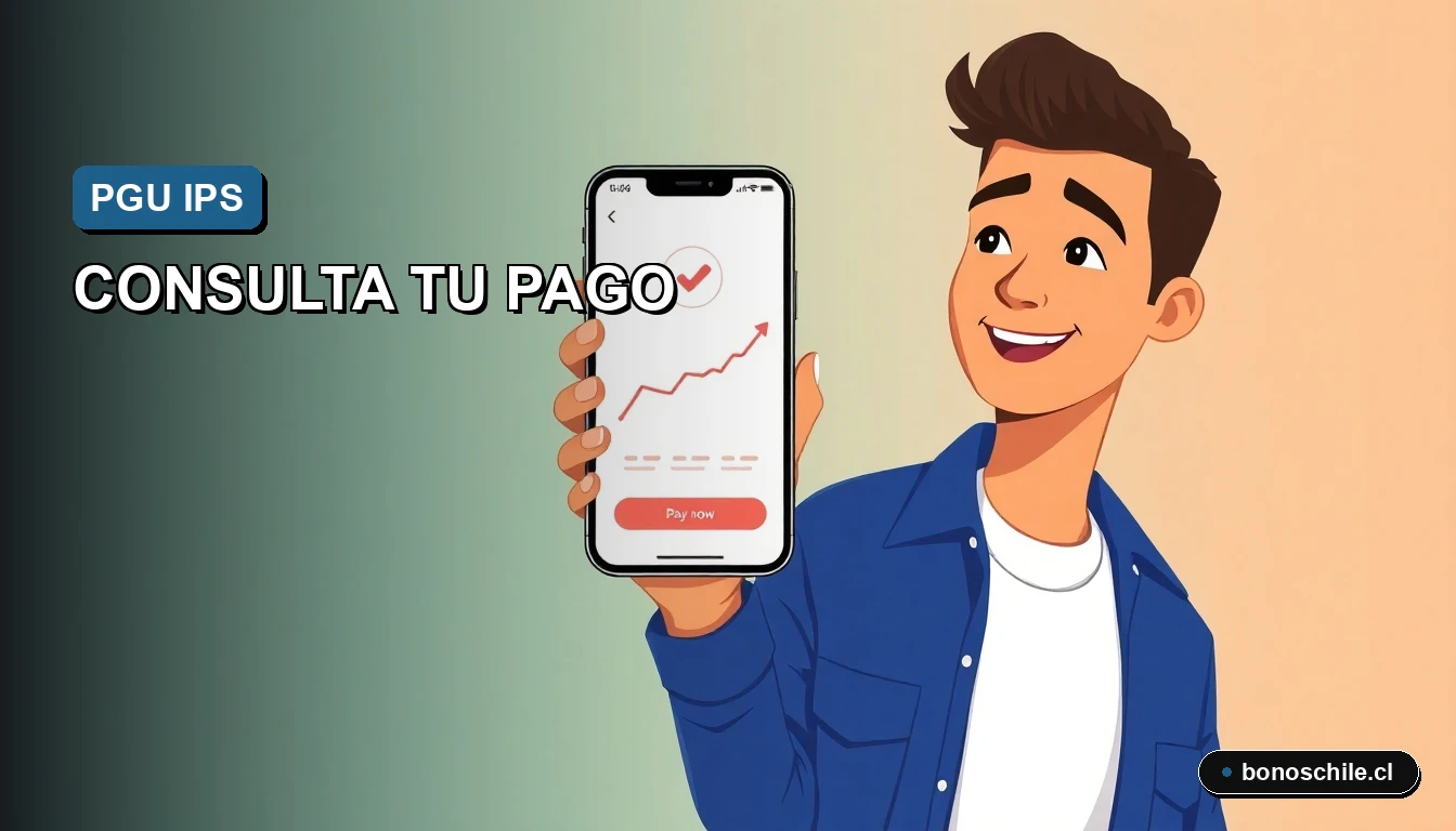 Ilustración vectorial plana de un ciudadano chileno consultando su pago PGU IPS en un teléfono móvil, sobre fondo degradado.