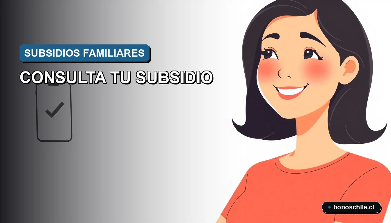 Ilustración vectorial plana de una mujer chilena sonriendo, consultando un subsidio familiar en su teléfono, sobre fondo degradado azul.