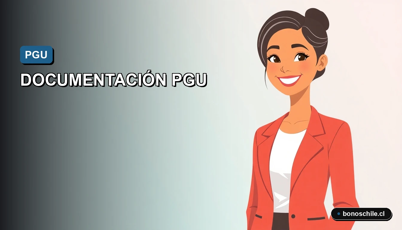 Ilustración vectorial plana premium que explica la documentación obligatoria para postular al Pago Garantizado Universal (PGU) en Chile, con fondo de gradiente suave.