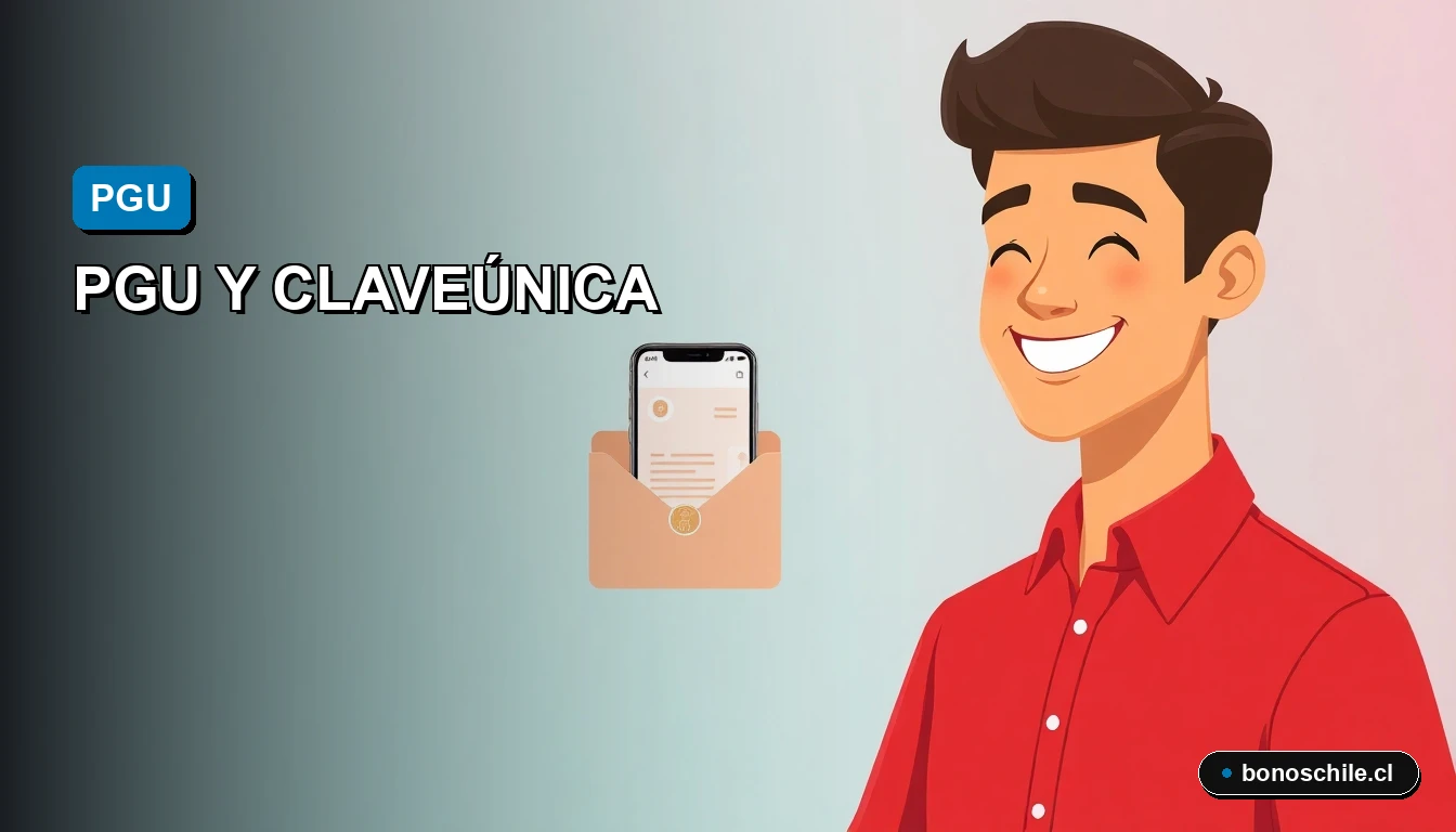 Ilustración vectorial plana de un trabajador joven sonriendo junto a un teléfono y una carpeta de documentos, sobre fondo degradado azul y blanco, representando la postulación exitosa a beneficios estatales.