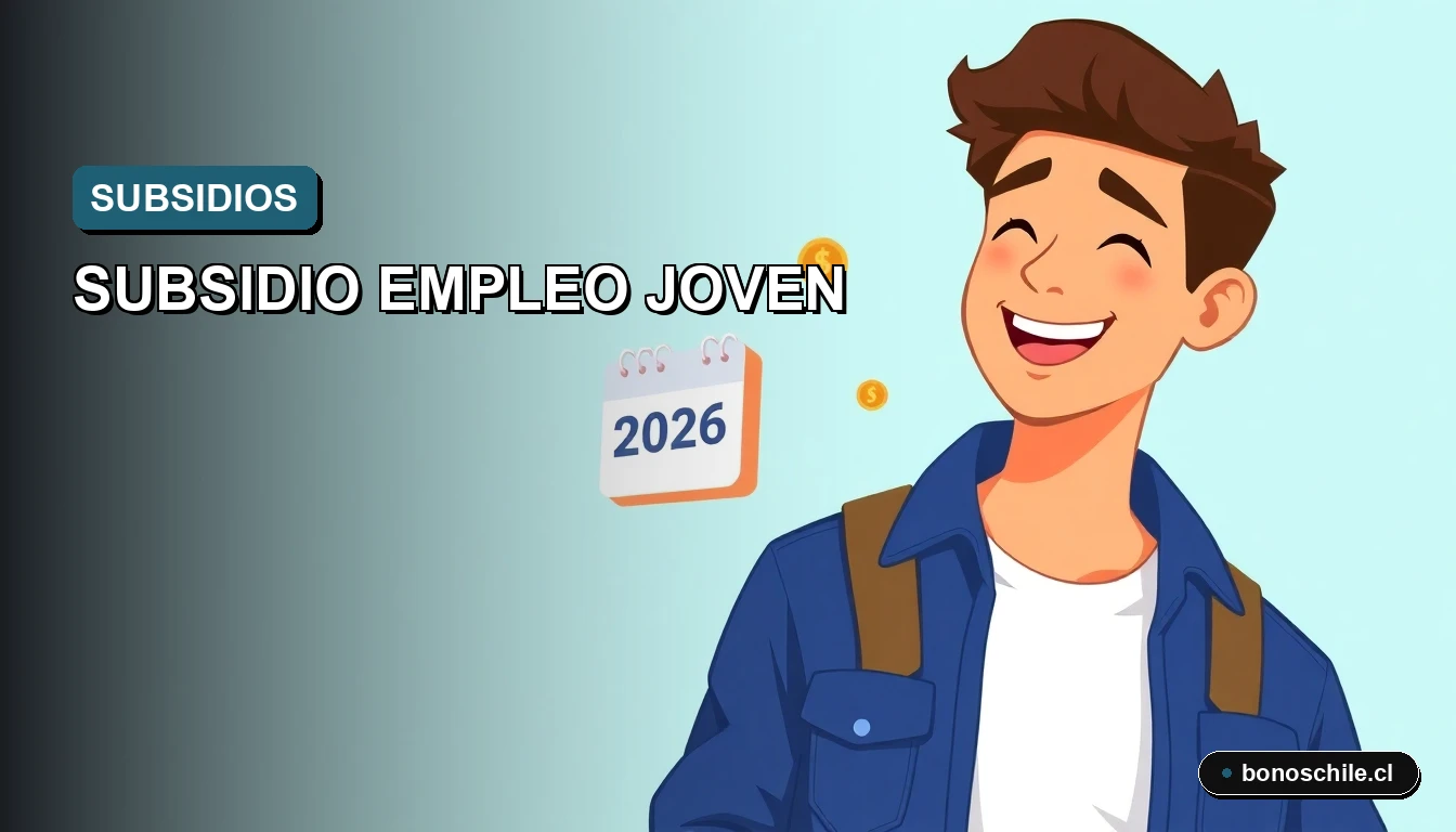 Ilustración vectorial plana de un joven trabajador chileno junto a un calendario y monedas, representando la postulación al subsidio estatal.