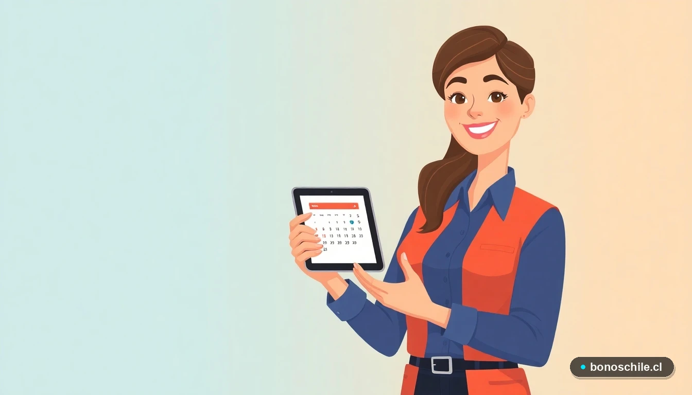 Mujer revisando calendario de pagos de beneficios estatales en Chile, ilustración plana moderna.