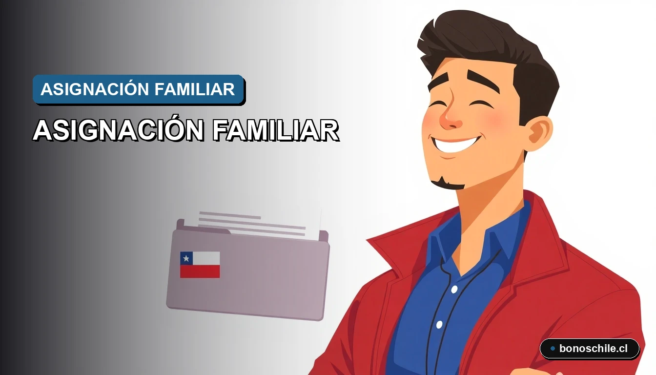 Ilustración vectorial plana de un ciudadano chileno revisando documentos de beneficios estatales con fondo de gradiente azul.