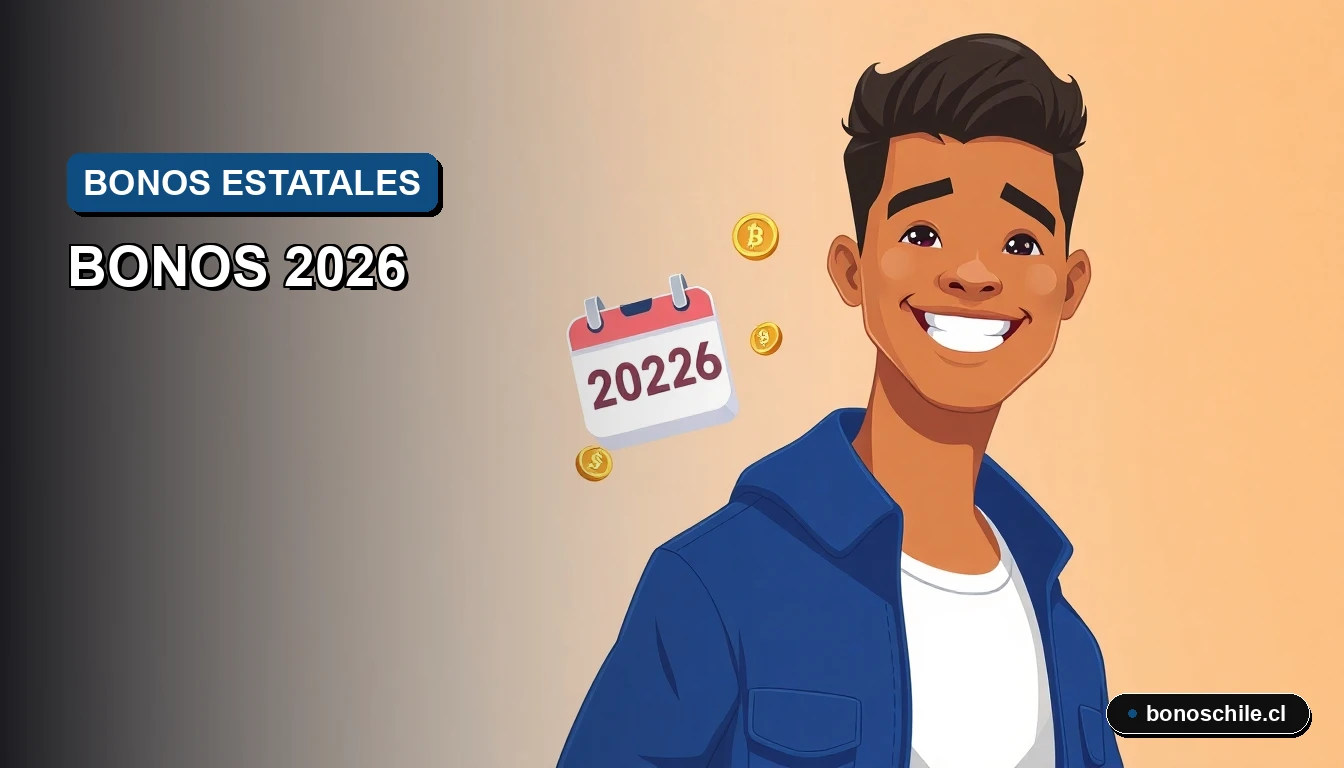 Ilustración vectorial plana de un trabajador joven sonriente junto a un calendario y monedas, representando la guía de bonos del estado chileno 2026.
