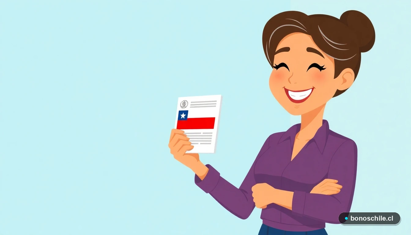 Ilustración vectorial de una mujer revisando información sobre bonos estatales en Chile.