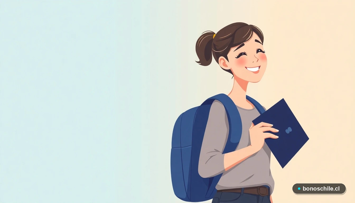 Ilustración de estudiante chilena feliz por recibir el Bono Logro Escolar.