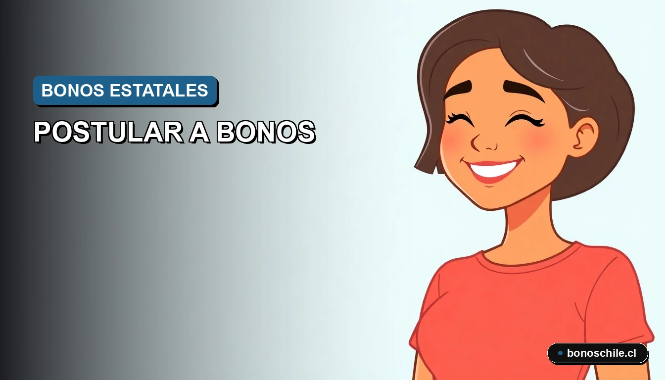 Ilustración vectorial plana de una mujer chilena sonriendo con expresión aliviada, sobre fondo degradado. Representa la guía para postular a bonos del estado.