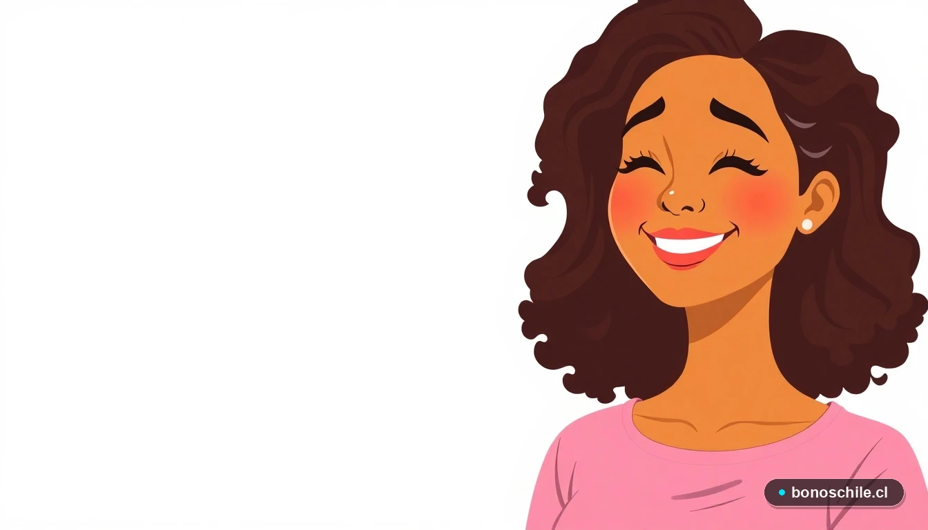 Ilustración de una mujer chilena revisando información sobre bonos estatales en su teléfono, con expresión de alivio.