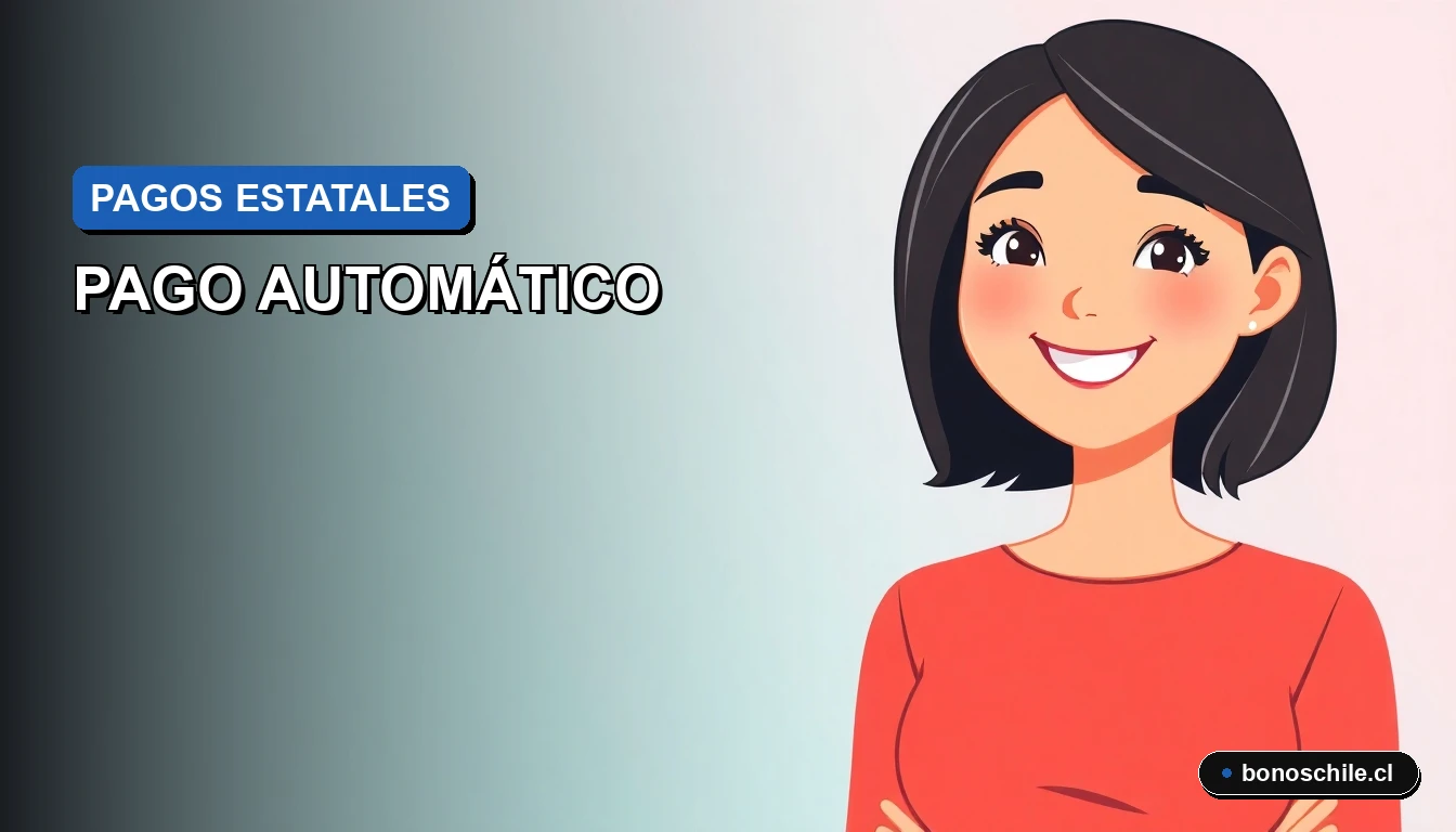 Ilustración vectorial plana de una mujer chilena joven sonriendo, con fondo de gradiente azul, representando la recepción de un beneficio estatal.