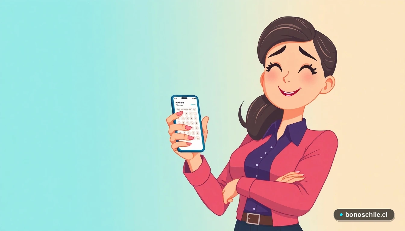 Mujer chilena consultando el cálculo de su bono estatal en un teléfono inteligente.