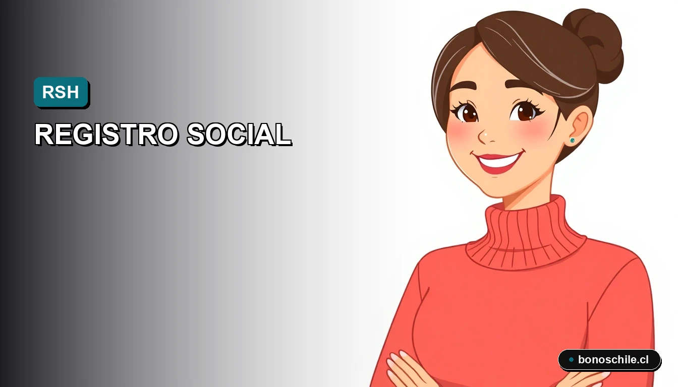 Ilustración plana vectorial premium para guía informativa sobre el Registro Social de Hogares (RSH) 2026 en Chile, con fondo de gradiente suave y elementos visuales de bienestar familiar.