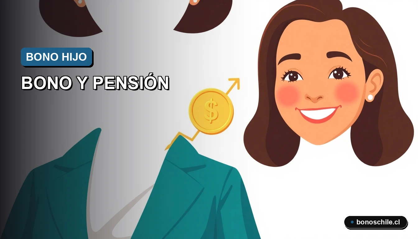 Ilustración vectorial plana de una mujer chilena sonriendo junto a iconos de monedas y un gráfico de crecimiento, representando la guía para aumentar la pensión con el Bono por Hijo.