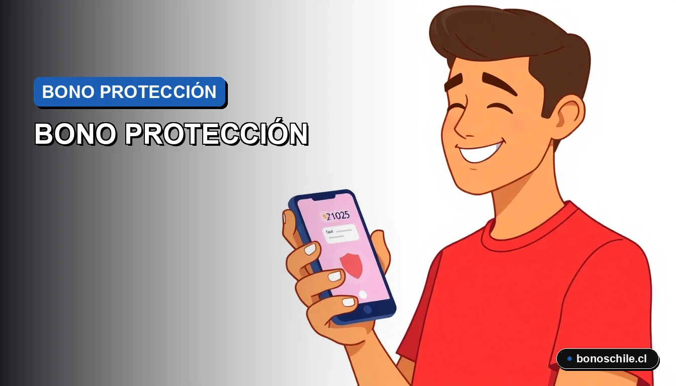Ilustración vectorial plana de un ciudadano chileno revisando información sobre el Bono Protección en su teléfono móvil, sobre fondo degradado.