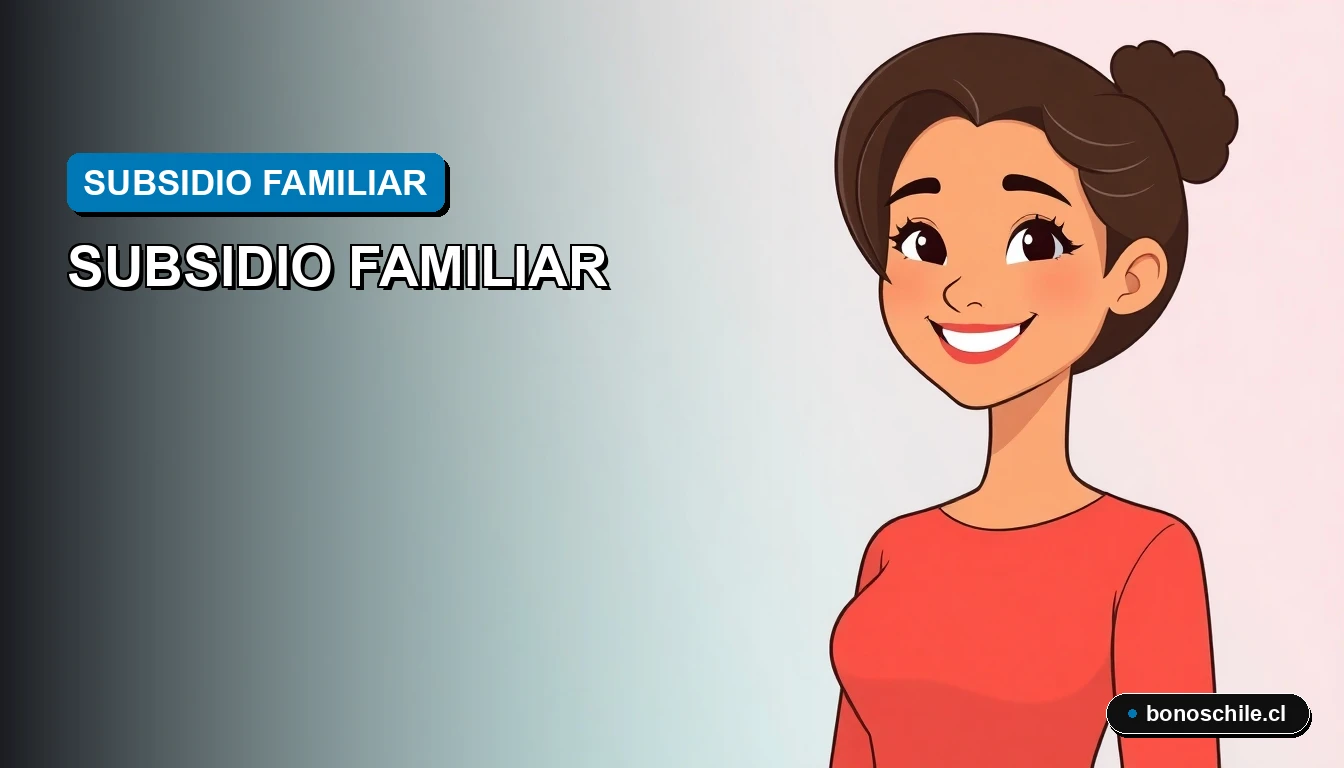 Ilustración vectorial plana de una mujer joven sonriente, representando a una ciudadana chilena informándose sobre el subsidio familiar, con fondo degradado azul institucional.