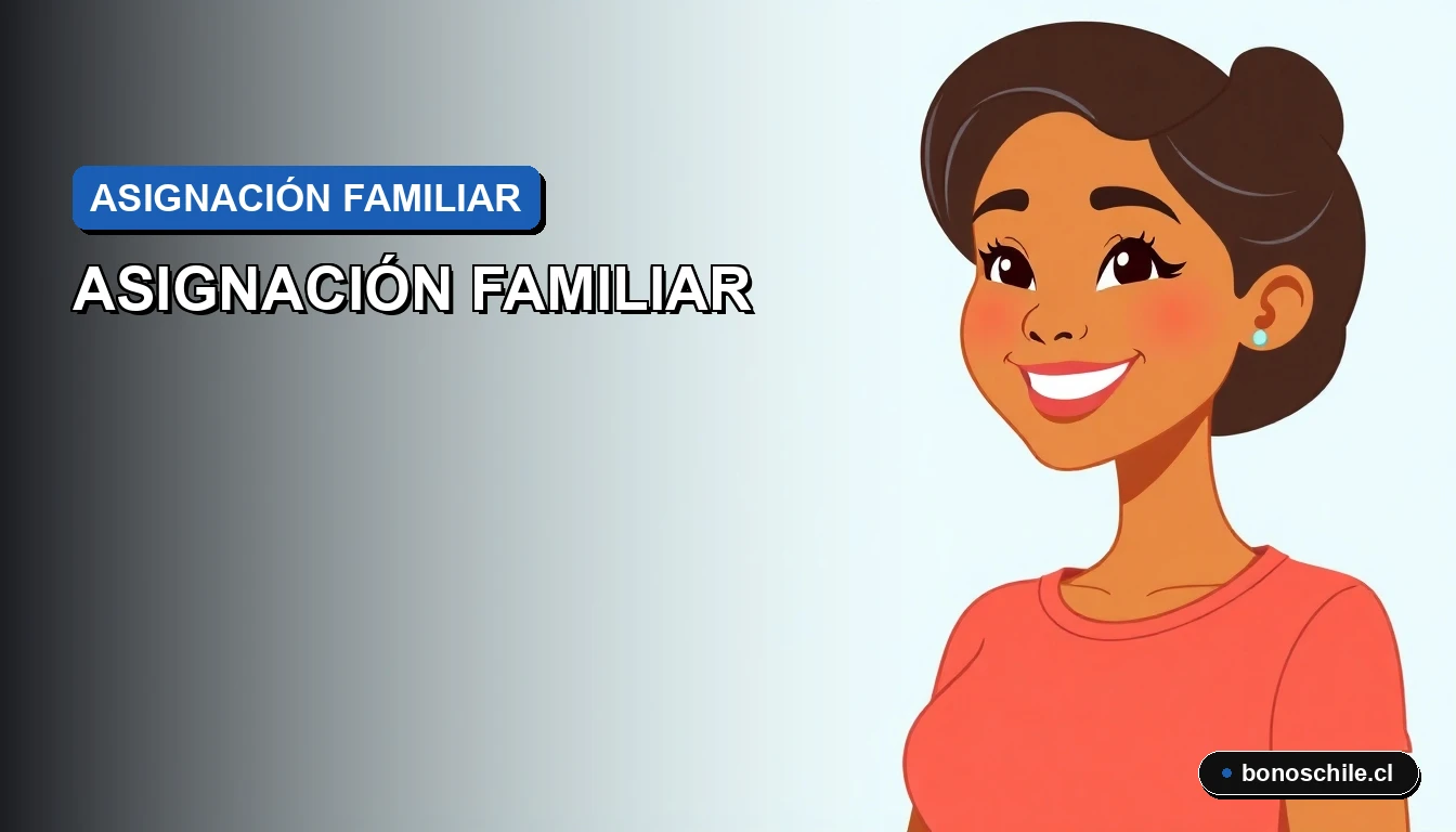 Ilustración vectorial plana de una madre chilena sonriendo, sobre fondo degradado azul, para guía de cálculo de asignación familiar por tramos.