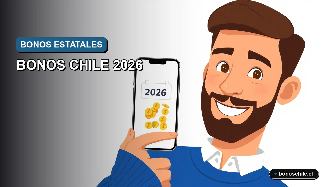 Ilustración vectorial plana de un trabajador chileno revisando un calendario de pagos de bonos estatales.