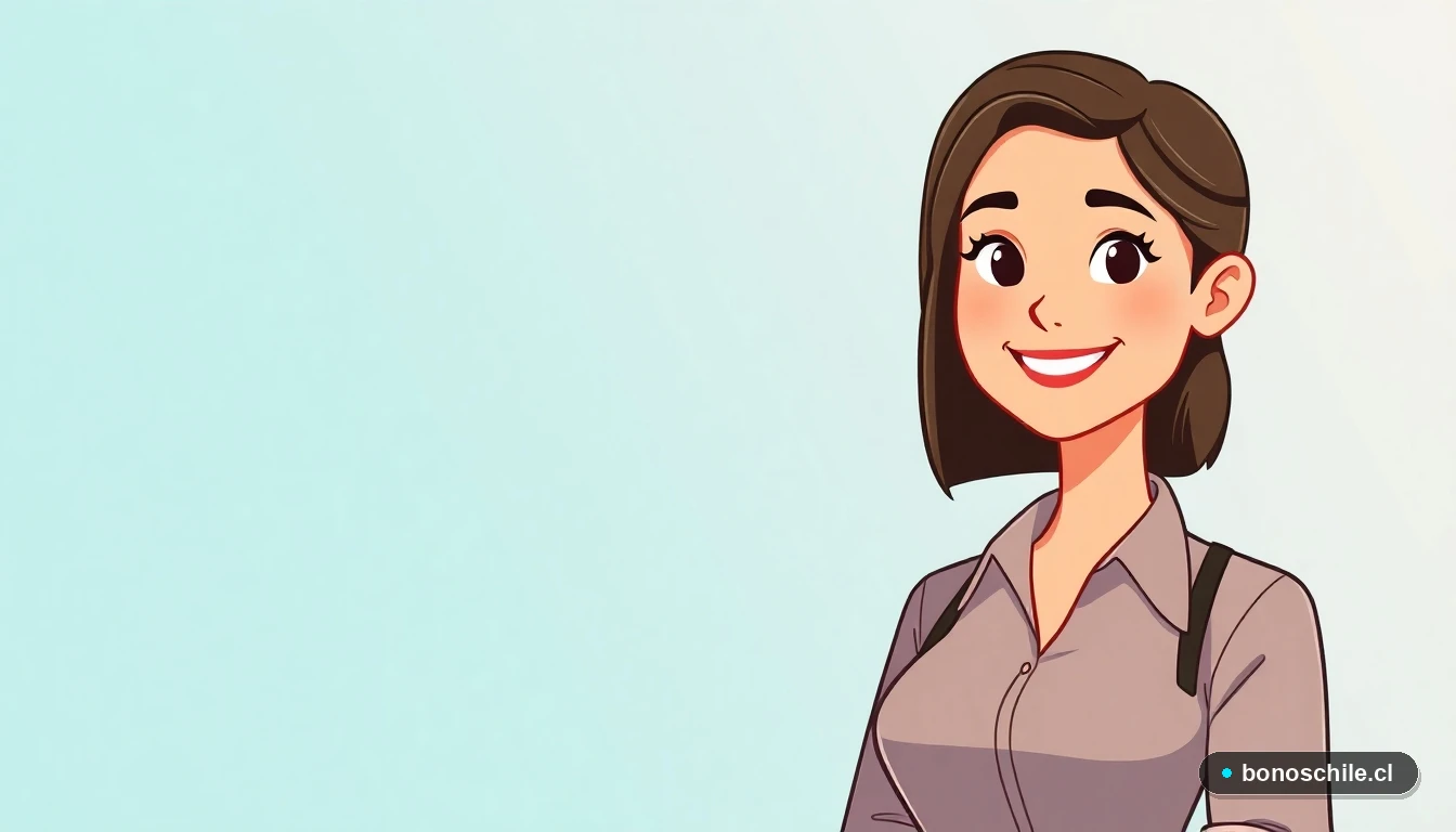 Ilustración de una mujer chilena revisando información sobre bonos estatales en una guía digital.