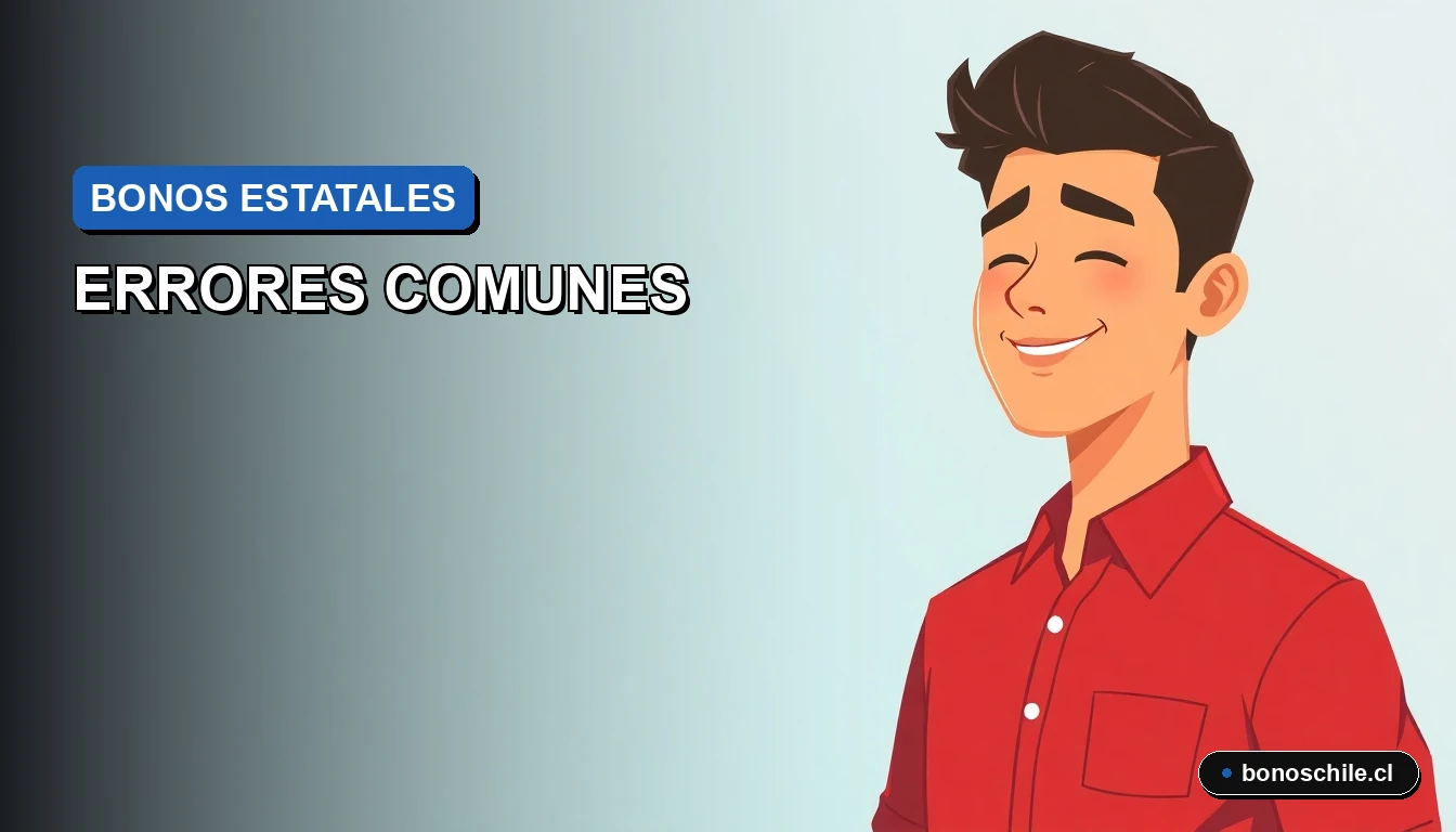 Ilustración vectorial plana de un hombre joven con expresión de alivio, representando a un trabajador chileno que evita errores al postular a beneficios del estado. Fondo con gradiente azul.