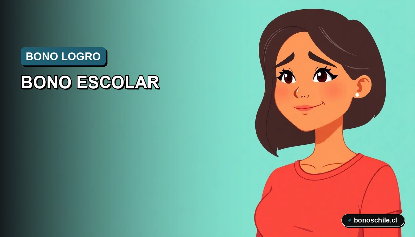 Ilustración vectorial plana de una mujer joven con expresión de duda y alivio, sobre fondo degradado azul y verde, representando la guía para el Bono Logro Escolar en Chile.