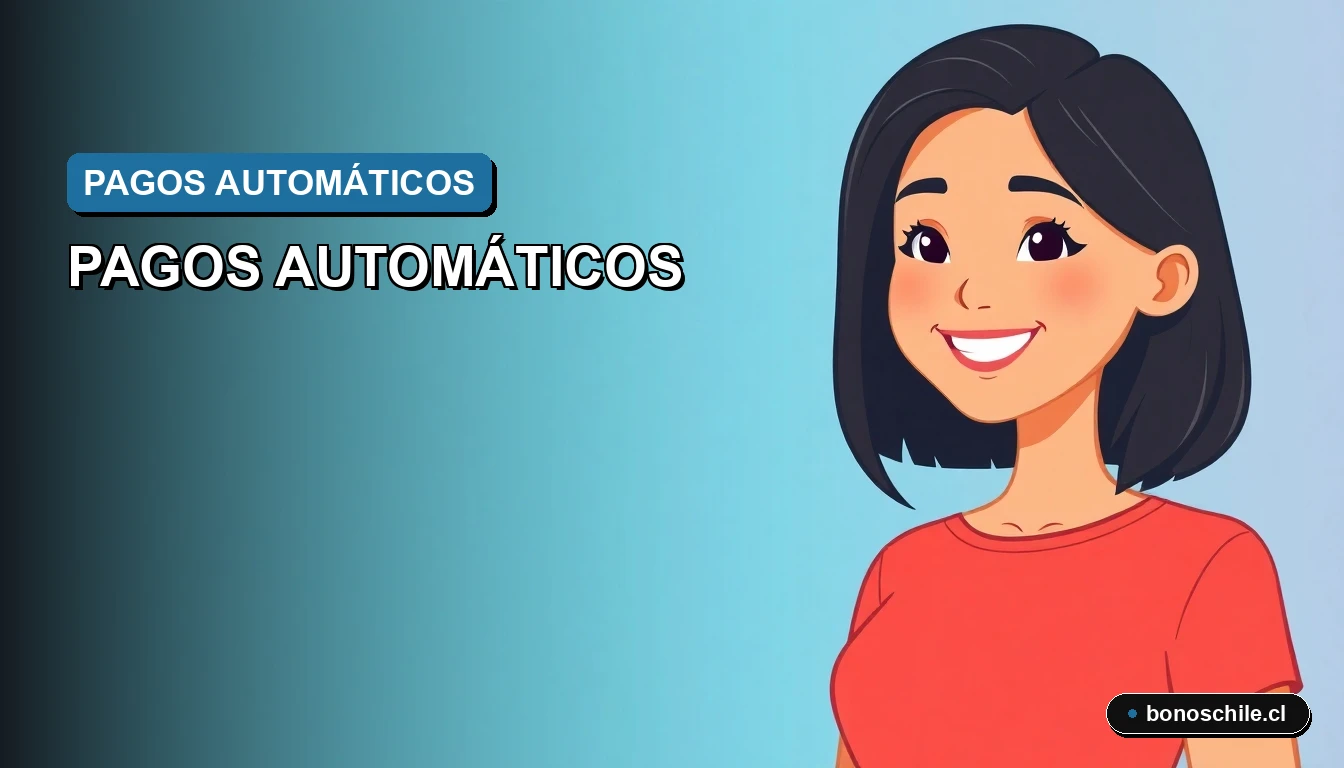 Ilustración vectorial plana de una mujer joven sonriente, con fondo degradado azul y verde, representando los pagos automáticos de beneficios estatales en Chile.