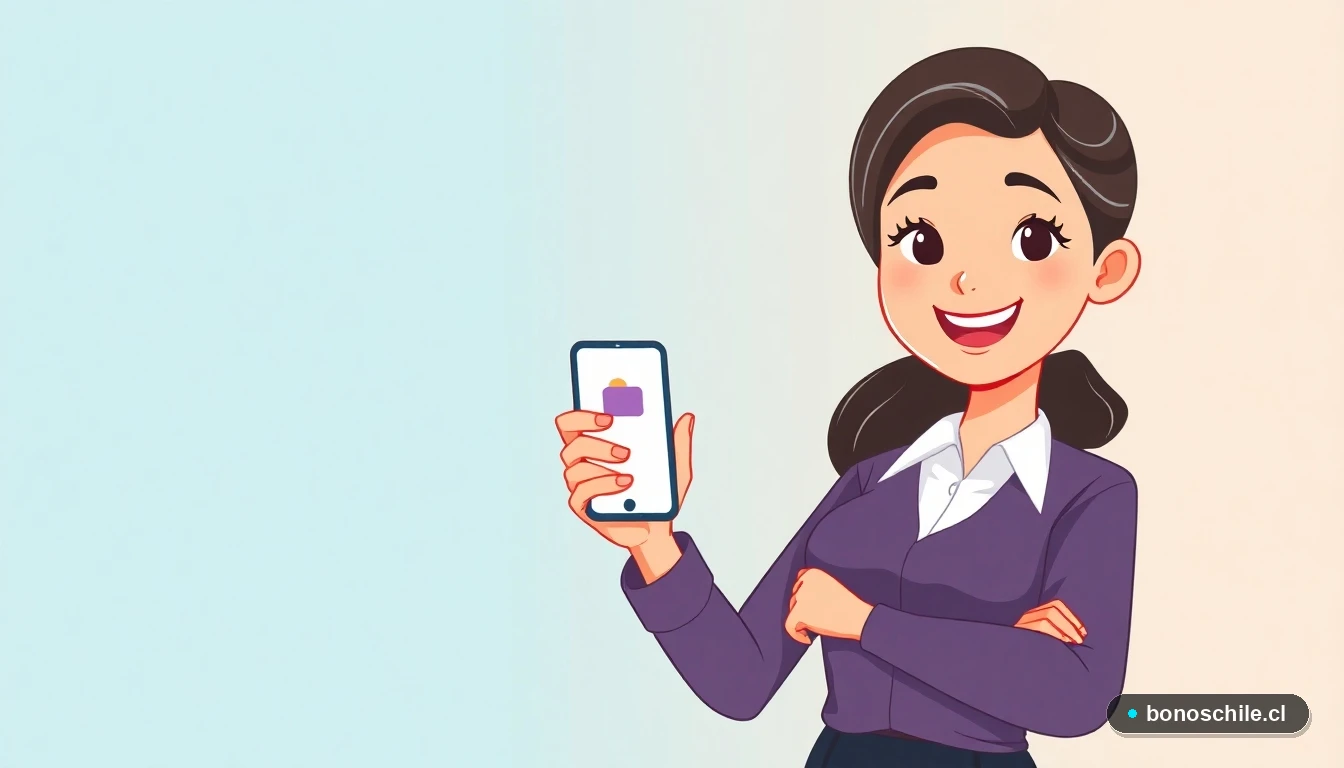 Ilustración de mujer chilena revisando pagos automáticos del Estado en su teléfono