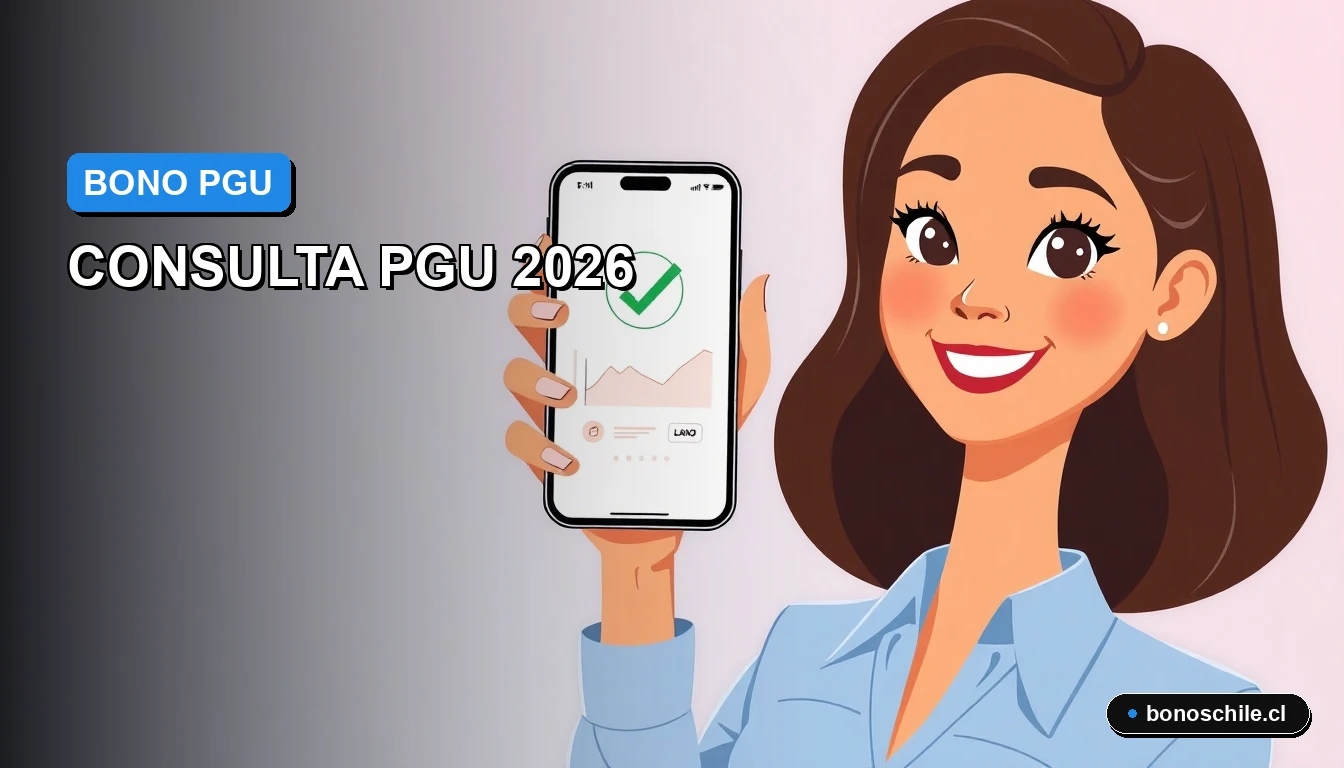 Ilustración vectorial plana de una mujer chilena consultando el monto del Bono PGU en su teléfono, con fondo degradado institucional.