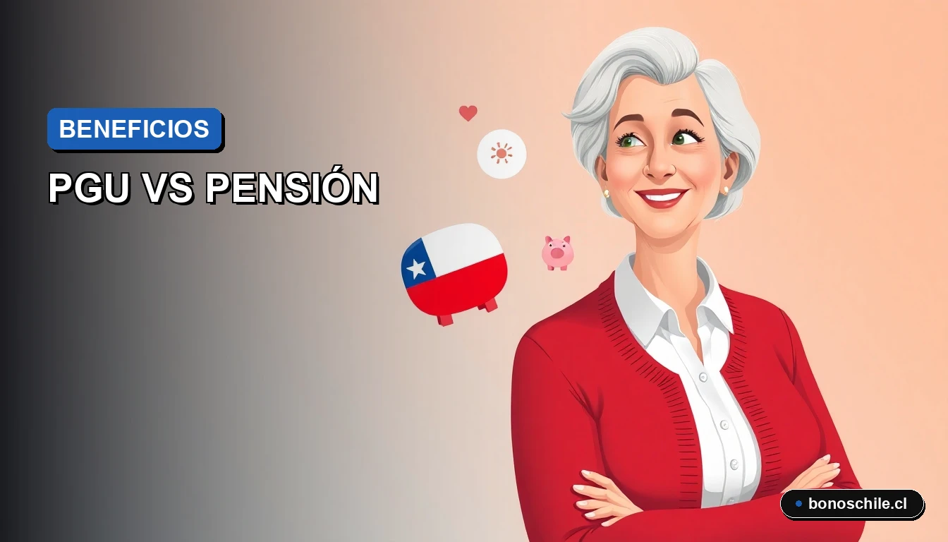 Ilustración vectorial plana que compara los beneficios PGU 2026 y Pensión Solidaria en Chile, mostrando una mujer revisando documentos oficiales.
