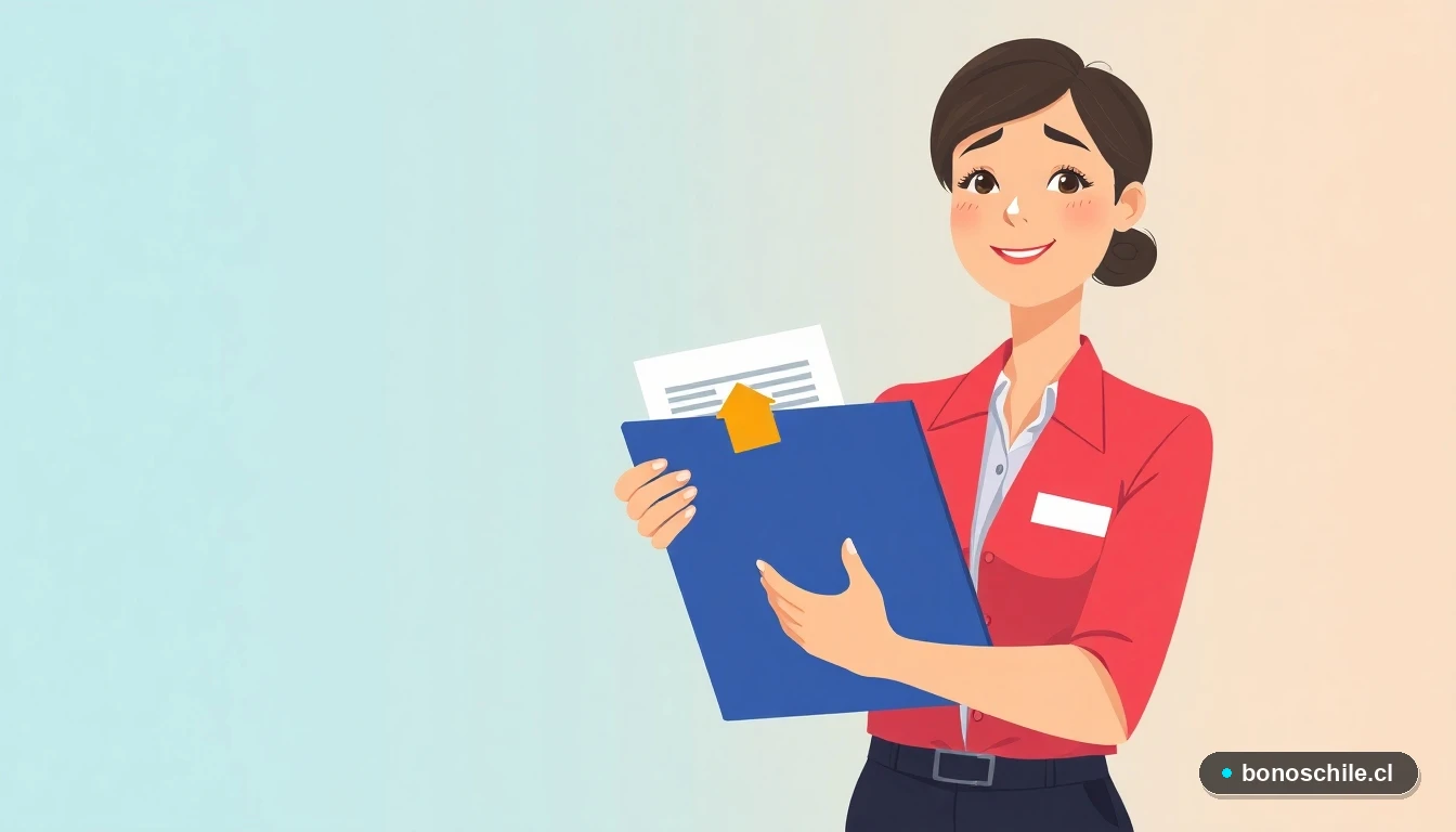 Ilustración de una joven con documento de subsidio habitacional, fondo degradado.