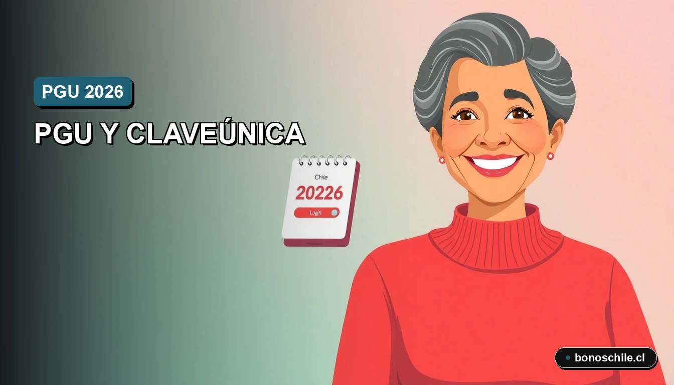 Ilustración vectorial plana de una mujer chilena sonriendo junto a un calendario y un celular, representando la postulación a la PGU con ClaveÚnica para el pago 2026.