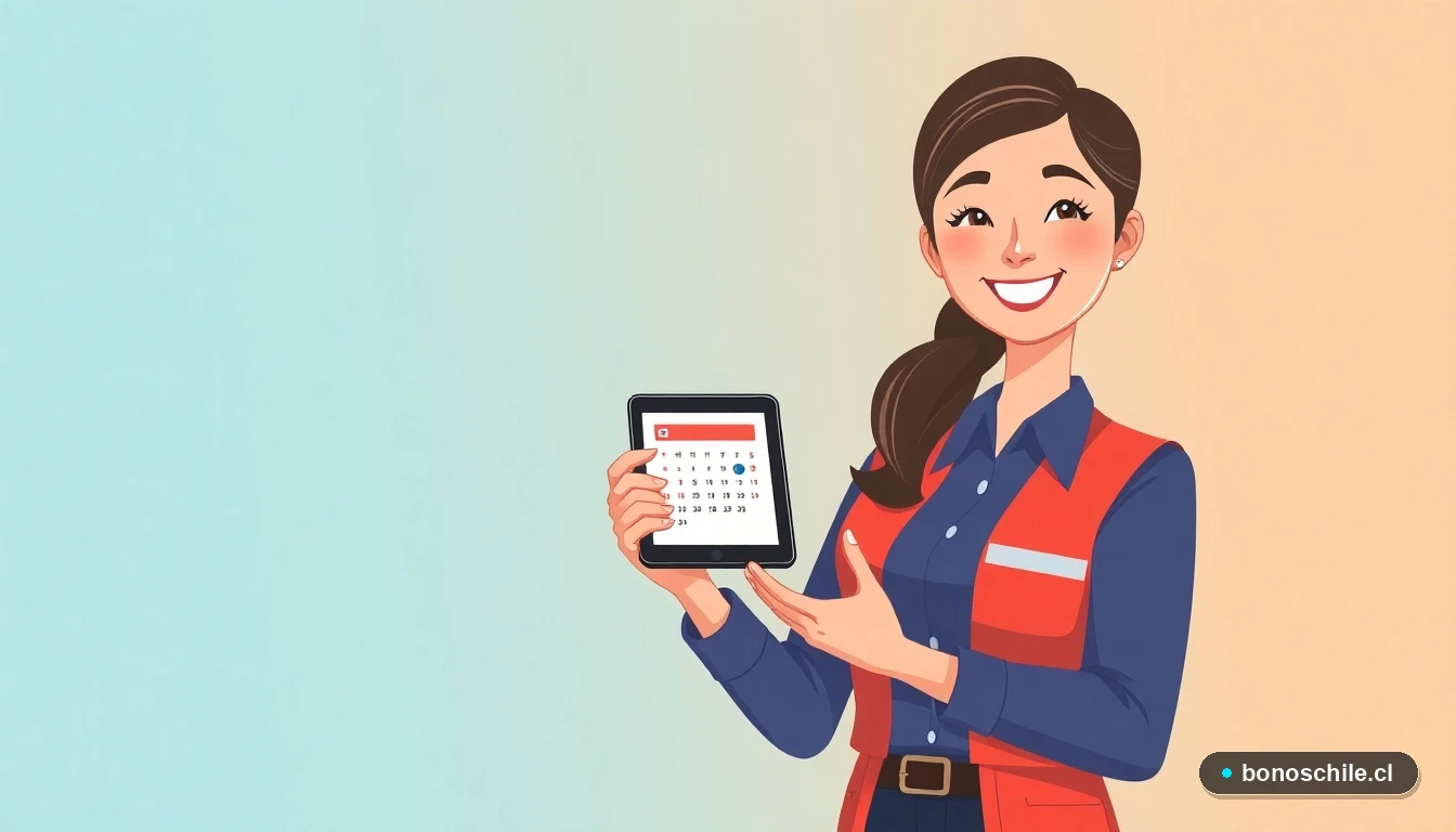 Joven mujer revisando fechas de postulación al Subsidio Empleo Joven en una tablet digital.