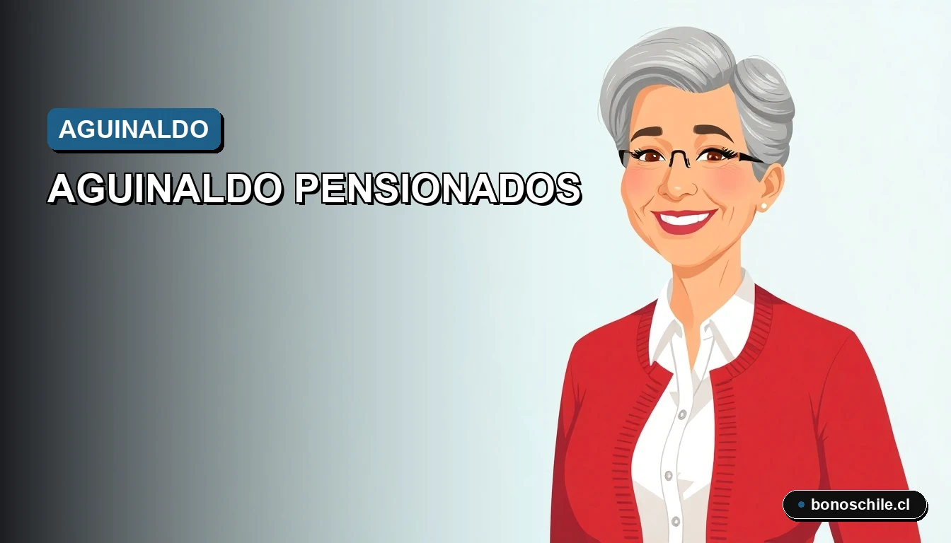 Ilustración vectorial plana de una mujer mayor chilena sonriendo, con fondo de gradiente azul institucional, representando el tema del aguinaldo para pensionados.