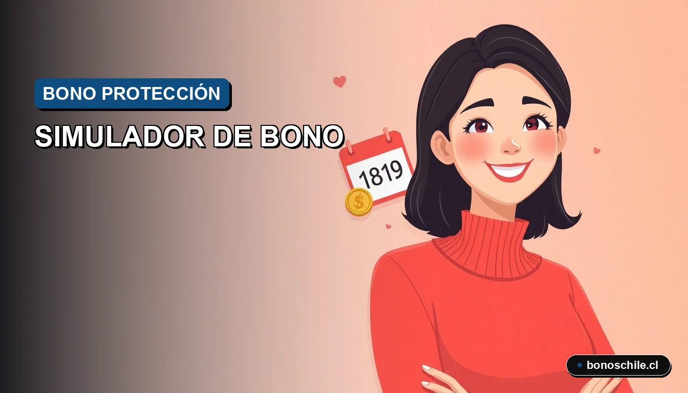 Ilustración vectorial plana premium de una mujer chilena sonriente junto a un calendario y monedas, representando el cálculo del Bono Protección. Fondo con gradiente suave.