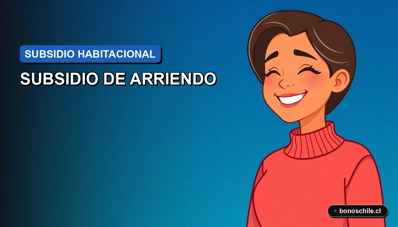 Ilustración vectorial plana de una mujer joven sonriente con expresión aliviada, sobre un fondo degradado azul y blanco, representando la obtención de beneficios estatales en Chile.