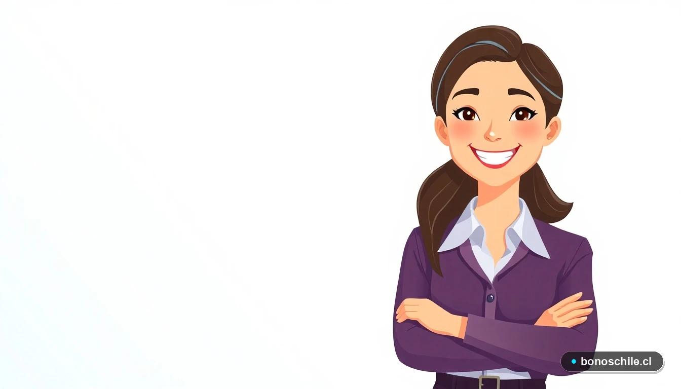 Ilustración de una joven trabajadora chilena consultando información sobre subsidios familiares.