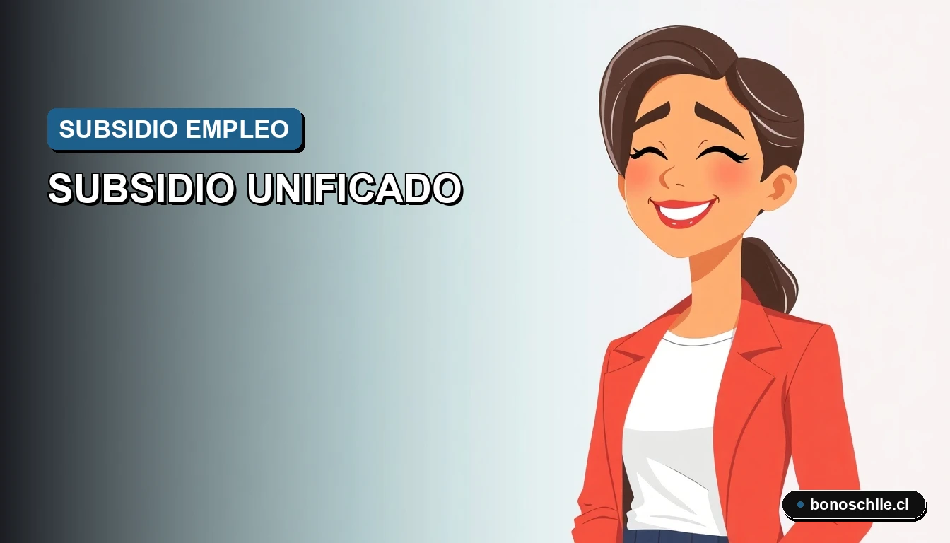 Ilustración vectorial plana de una mujer joven sonriente, con expresión aliviada, sobre un fondo degradado. Representa a una trabajadora beneficiaria del Subsidio Unificado de Empleo en Chile.