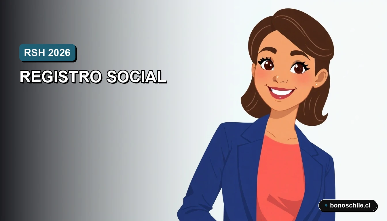 Ilustración vectorial plana y moderna sobre el Registro Social de Hogares 2026 en Chile, con enfoque en beneficios estatales y subsidios.